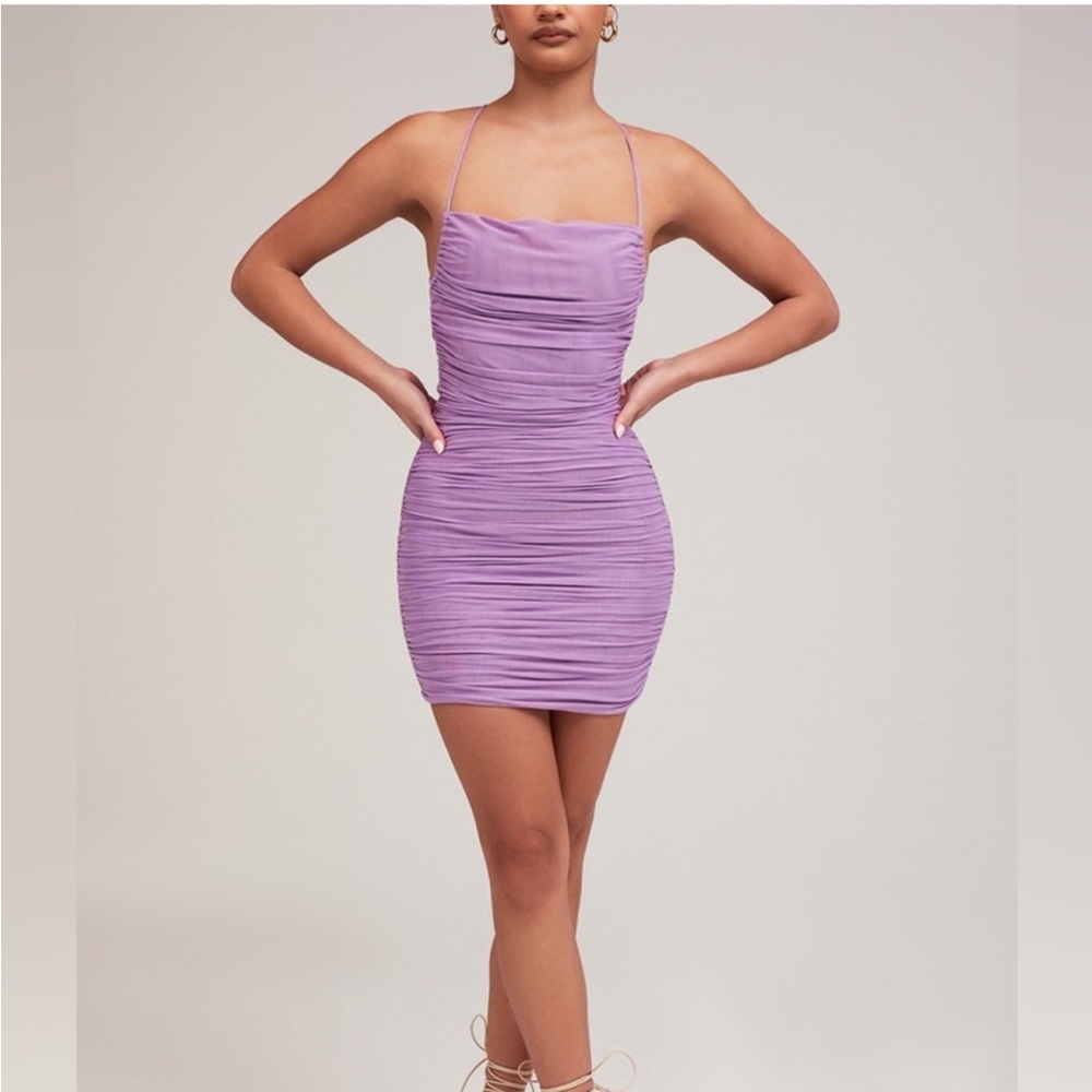 Mistress Rocks Lilac Nightshade Ruched PowerMesh Crisscross Back MiniDress NWT M
